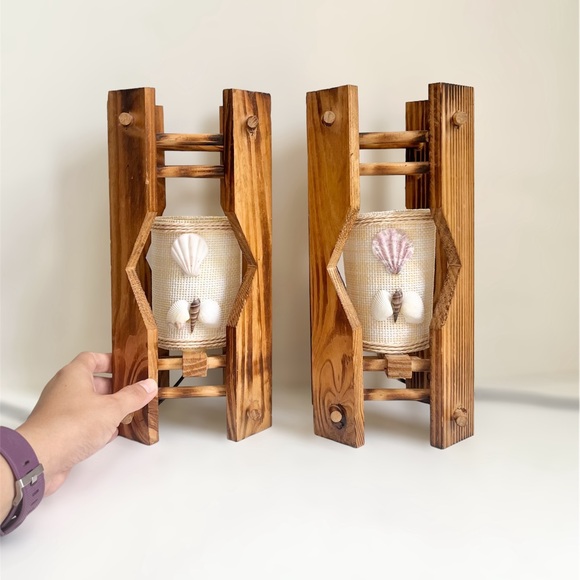 Pair Of Handmade Brown Wood Beach Shells 11.5” Wired Mini Lamp Shade - Picture 8 of 8